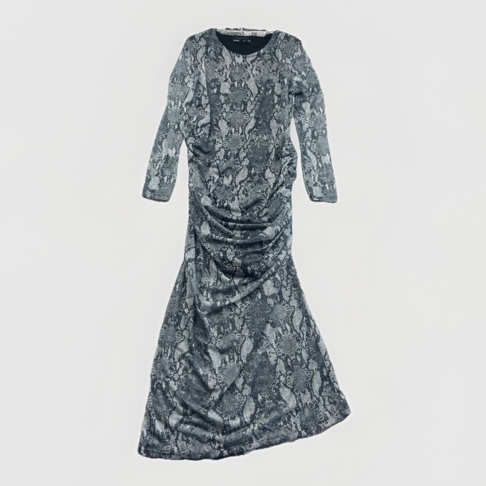 Y2K Lefties Bodycon Night Out Dress Sheer Gray Snakeskin Print Ruched Dark Sz L